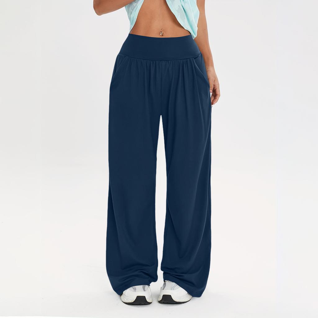 Women's Fashionable Solid Color Straight Leg Pants With High Waist Button Pockets And Elastic Waist Casual Pants