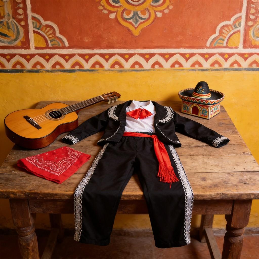 Ethnic Mexican Childrens Dance Attire With Printed Design And Long Sleeve For Stage Use