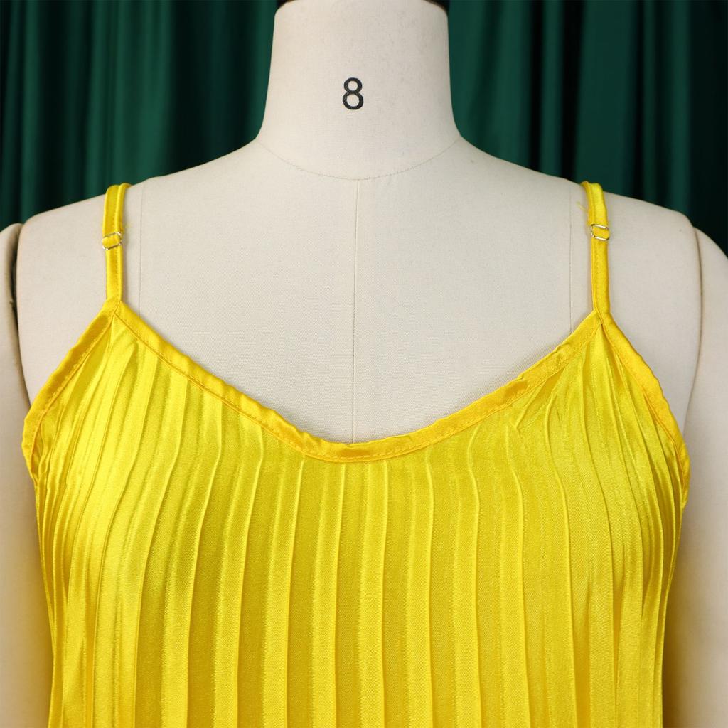 Wiosna i lato Moda Casual Kobiety Luźna Koszulka z Dekoltem w Serek Plisowana Długa Spódnica Bez Rękawów Sukienka