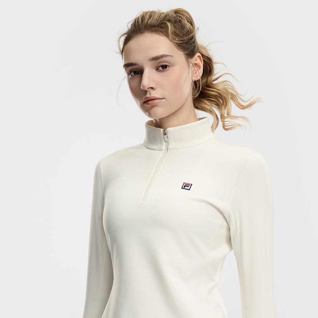Fila Tennis Fleece Warm Fashion Classic Simple Casual Sports Training Tennis Versatile Half-Zip Slim Knit Long Sleeve T-Shirt Women Tops A11W613201FWT
