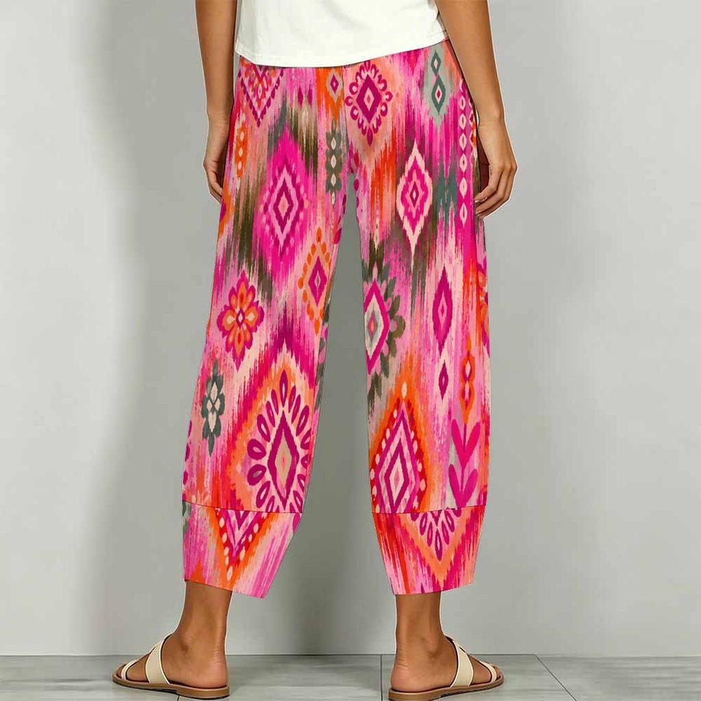 Women Plus Size Loose Printed Cropped Pants Navy Blue Cross Hem With Pockets