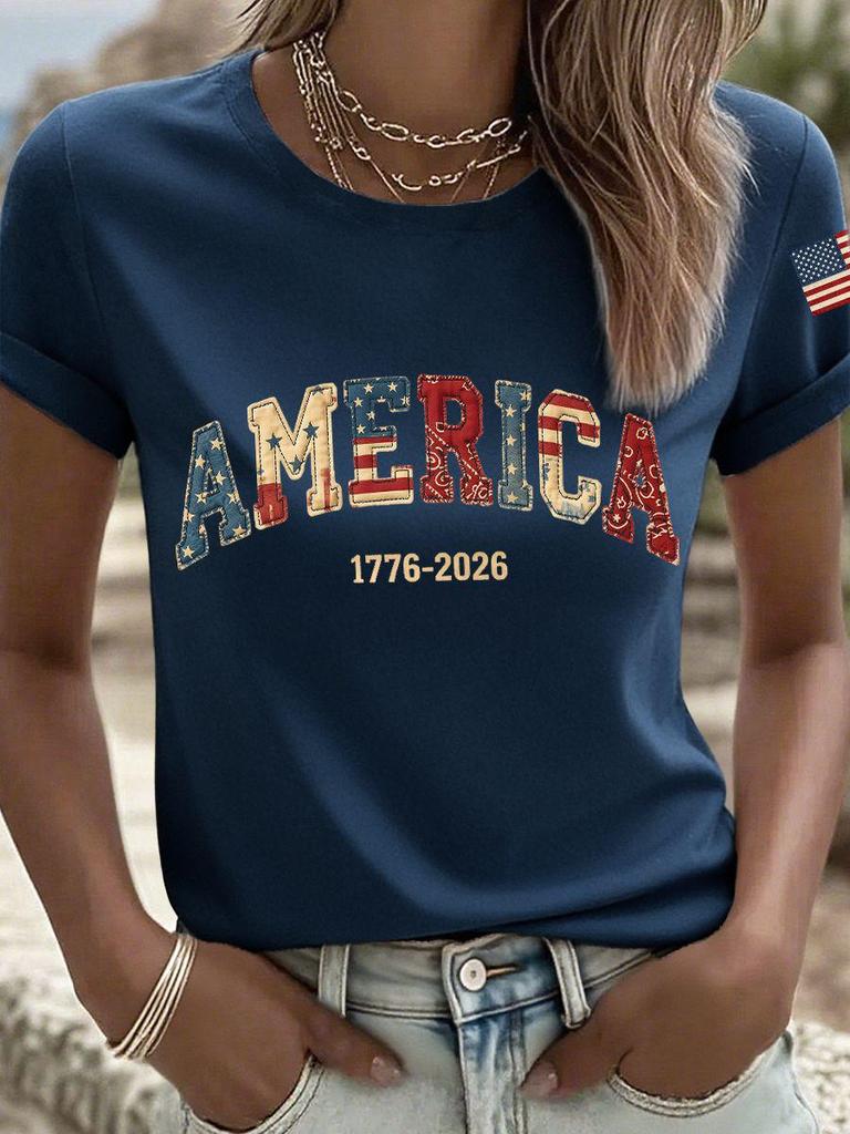 Women's 250th Anniversary Independence Day Digital Print T-shirt – Short Sleeve, Casual European & American Style