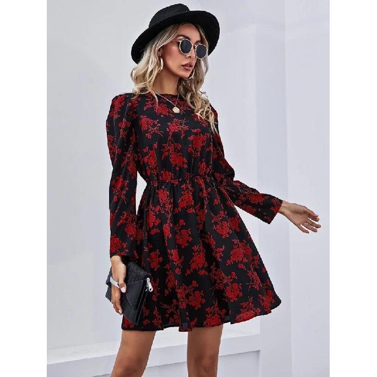 Elegant Women Floral Dress Autumn Long Sleeve High Waist Slim Dresses Female Office Commuter Comfortable Wear Daily Casual Gown
