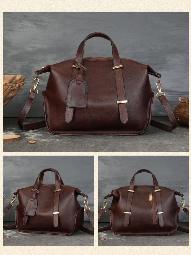 Johnature Vintage Einfarbig Echtleder Handtasche Große Kapazität Boston Damentasche Lässige Schultertaschen