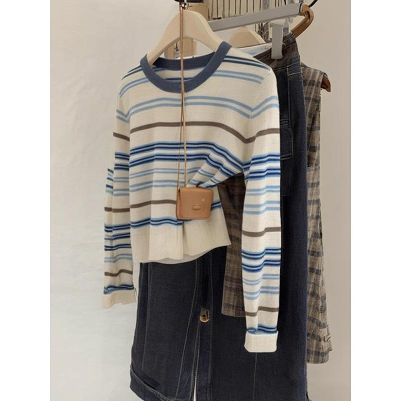 

Ранняя осень новая внутренняя базовая рубашка уникальный красивый и тонкий маленький топ контрастные полоски футболка с длинным рукавом женская XL