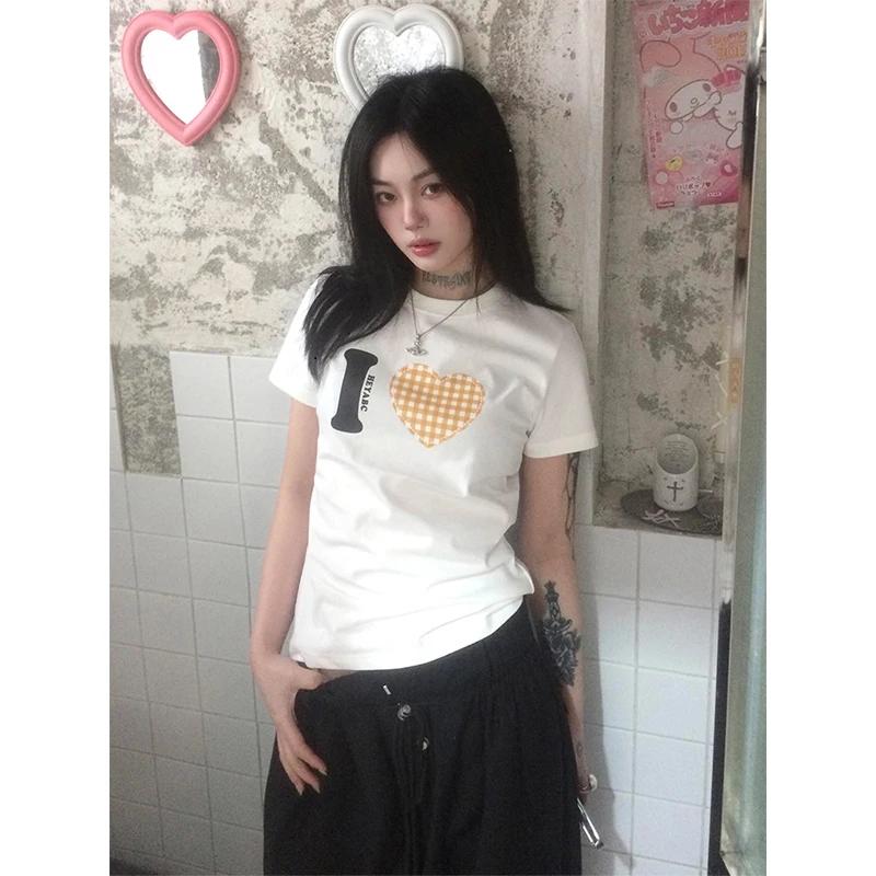 

Летняя футболка с принтом узора любви, женская, с коротким рукавом, повседневная, Y2k, винтажный топ, уличная одежда, футболка, американская модная футболка 4XL