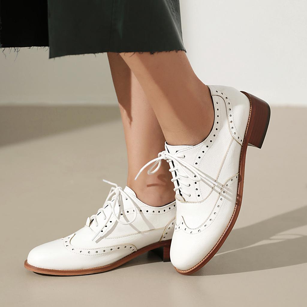 Comfortable Oxfords Flats Stylish Women's Perforated Heeled Brogue Wingtip Classic Lace-up Saddle Shoes Leather Walk Wear