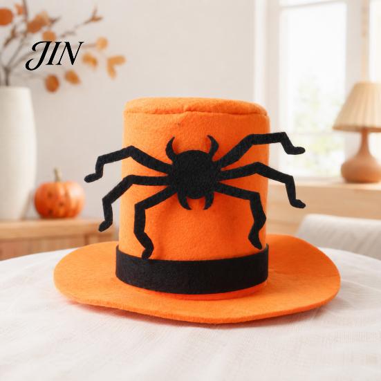 Halloween Pet Costume Accessory Cat Top Hat, Orange Dog Hat with Adjustable Strap, Comfortable Black Spider for Small Dogs Festive Party