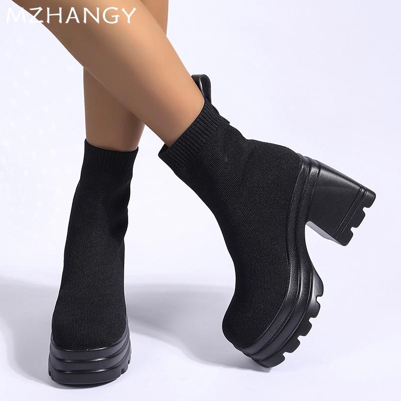 fashion Platform Women Thick Sock Bootsl Elegant High Heels Shoes Woman 2025 Trend Fashion Knitting Cozy Dress Ankle Boots Mujer Botas