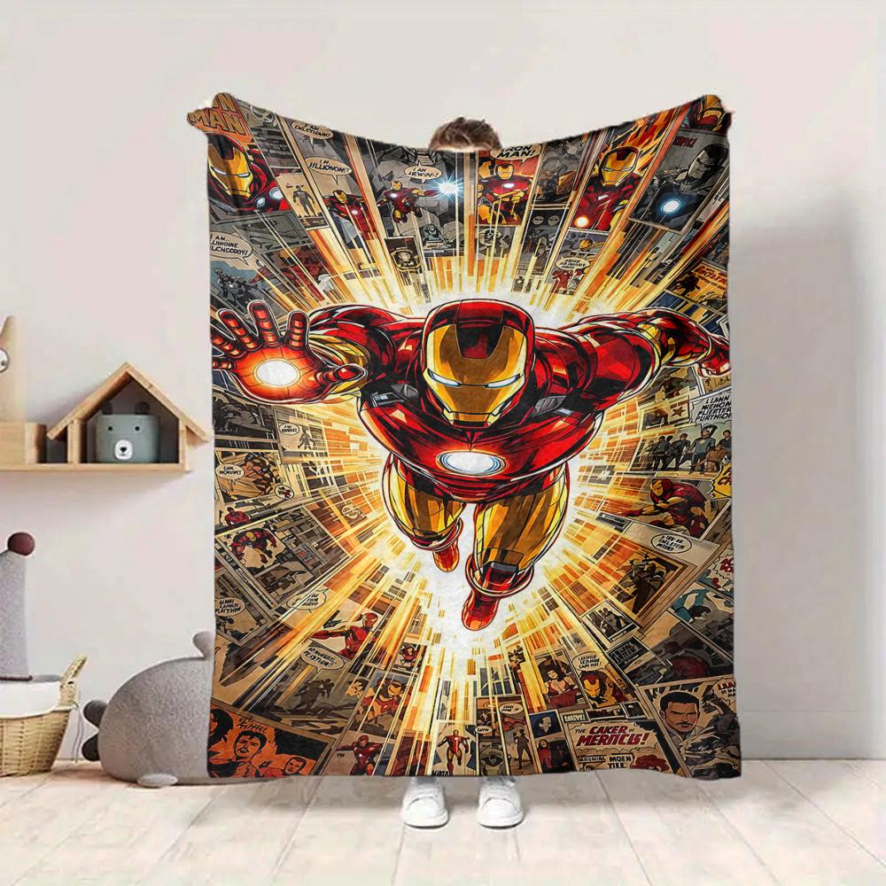 1Pc Iron Man Comic Book Flannel Blanket, Soft And Comfortable, Casual Warm, Camping Travel, Christmas, Halloween Xmas Gift N1394