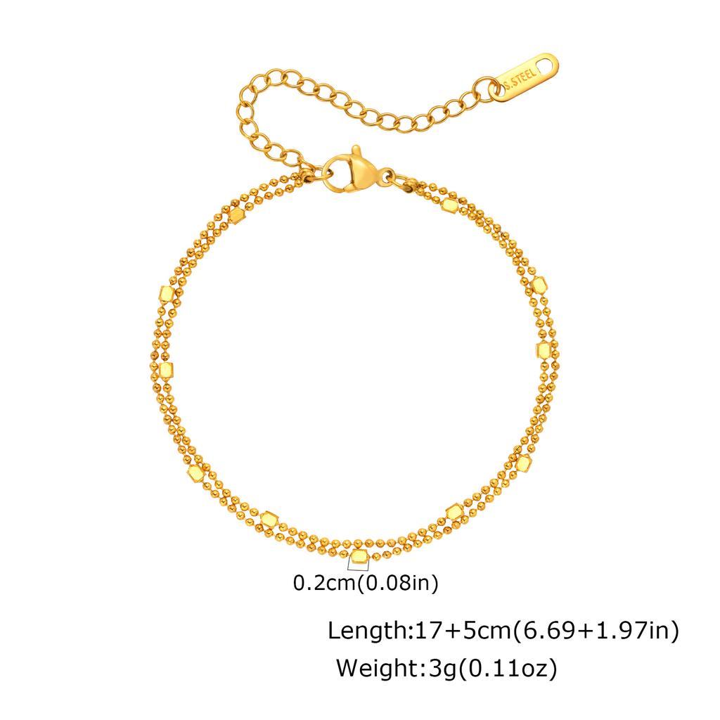 Minimalist Square Rice Bead Double-layer Bracelet, Women Stainless Steel 18K Gold Color Beads Chain Bracelet, Simple Jewelry
