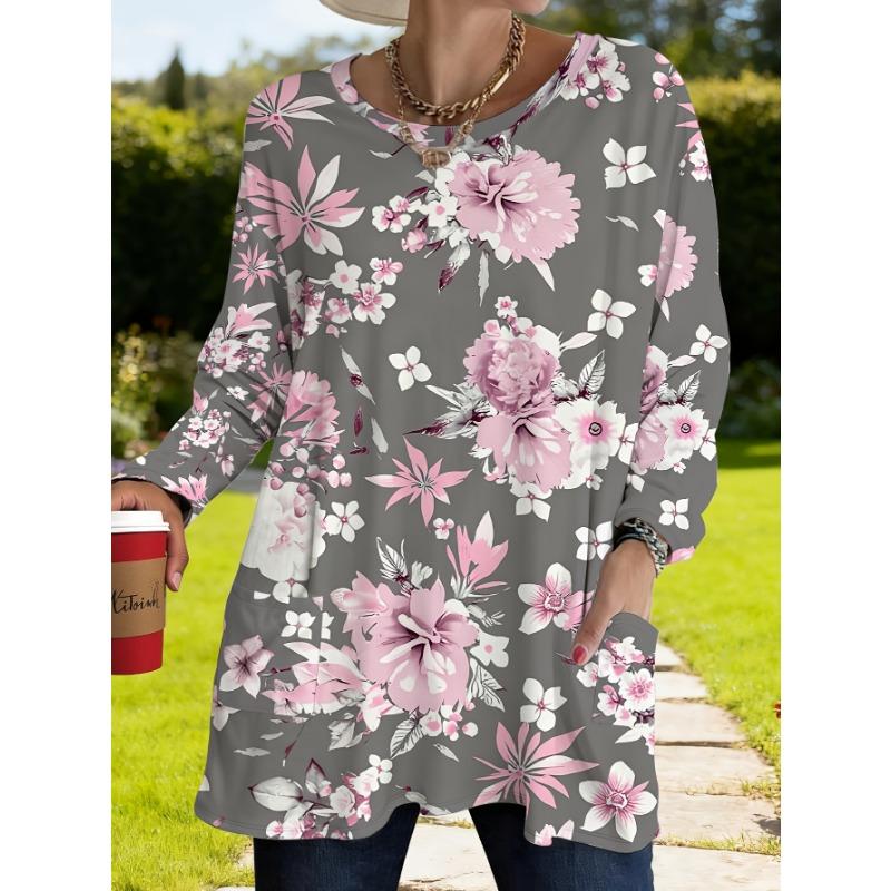 Women s Plus Size Spring Floral Print Loose T-Shirt with Pockets for Women S