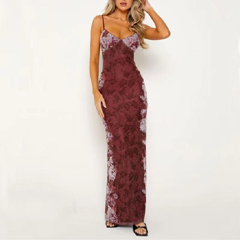 Fashion Retro Style Lace Rose Floral Slim-Fitting Sling Dress Women's Autumn Fashion Sexy Temperament Sheath Dress