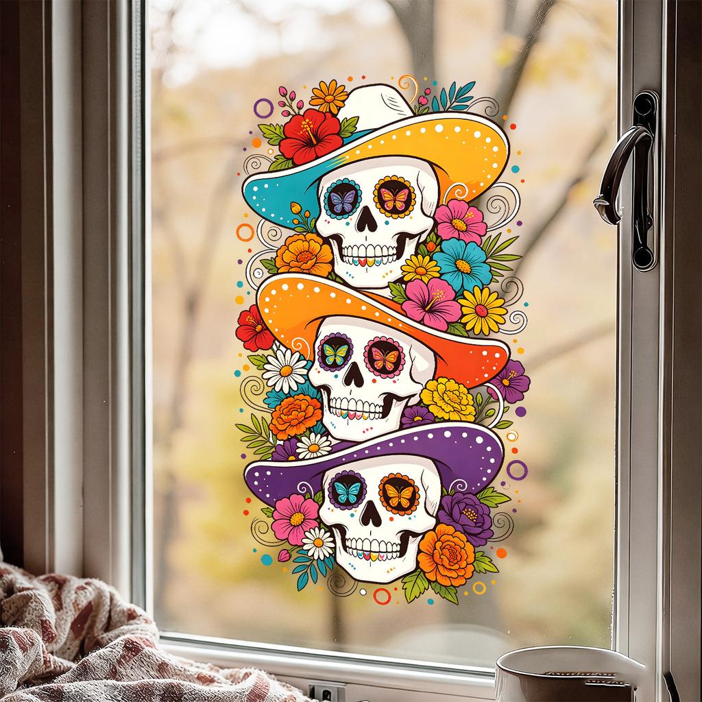 Cartoon Line Sugar Skull Undead Static Sticker for Balcony, Bedroom Window Decoration