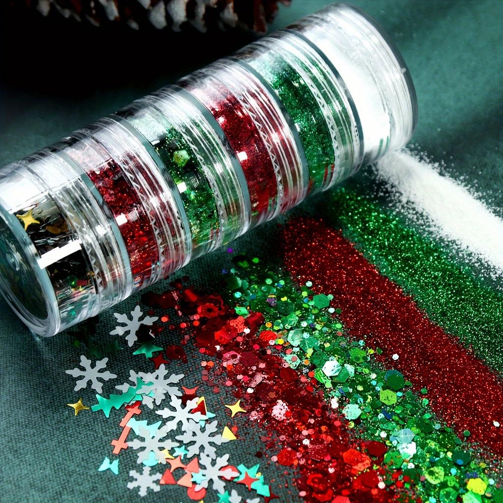 Christmas Resin Filler Glitter Flakes 6-Pack - Festive Red & Green Sparkling Sequins - Snowflake, Christmas Tree & Star Confetti