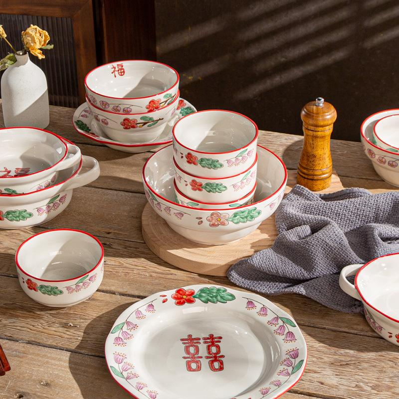 Festliches Geschirr im Retro-Stil, Weihnachtsgeschenke für das chinesische Neujahr, Haushaltsteller mit Blumenmuster, Keramikschüsseln, Suppenschüsseln mit großem Fassungsvermögen, Zweiohrschüsseln
