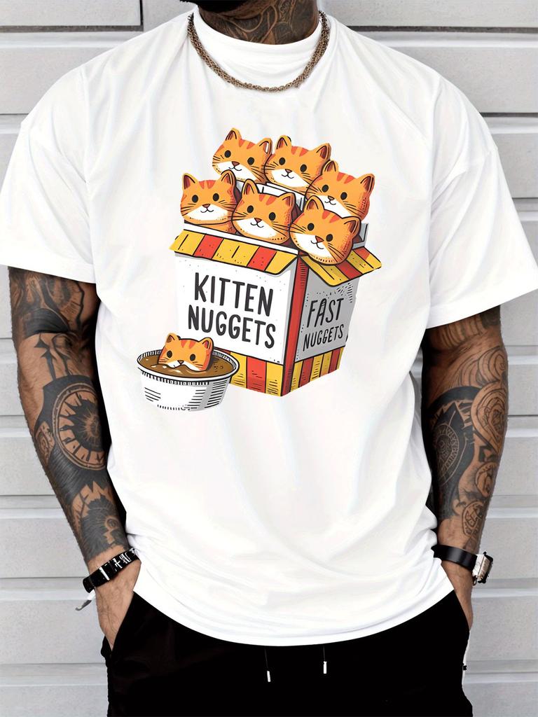 Funny Kitten Nuggets Box Cartoon Unisexs Front Print T Shirt Cute Cat Fast Food Graphic Tee Casual Short Sleeve Top Cat Lover Gift