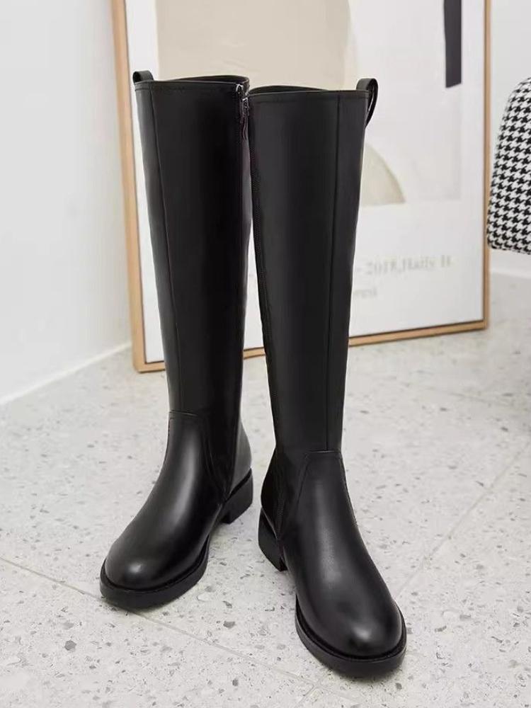 Black Leather Elegant Middle Heel Ladies Knee High Shaft Shoes Autumn Winter Fleece-Lined Round Toe New In Women'S Long Boots