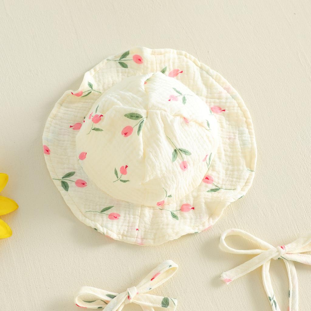 Citgeett Summer Infant Baby Girls Sleeveless Bodysuit Dress Casual Floral Heart Prints Tie-Up Straps Jumpsuit Cute Sun Hat Set