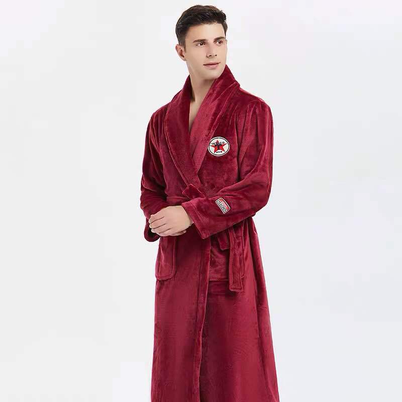 Autumn Winter Nightdress Men Casual Coral Fleece Sleepwear Warm Home Wear Flannel Belt Pyjamas Kimono Bathrobe Gown