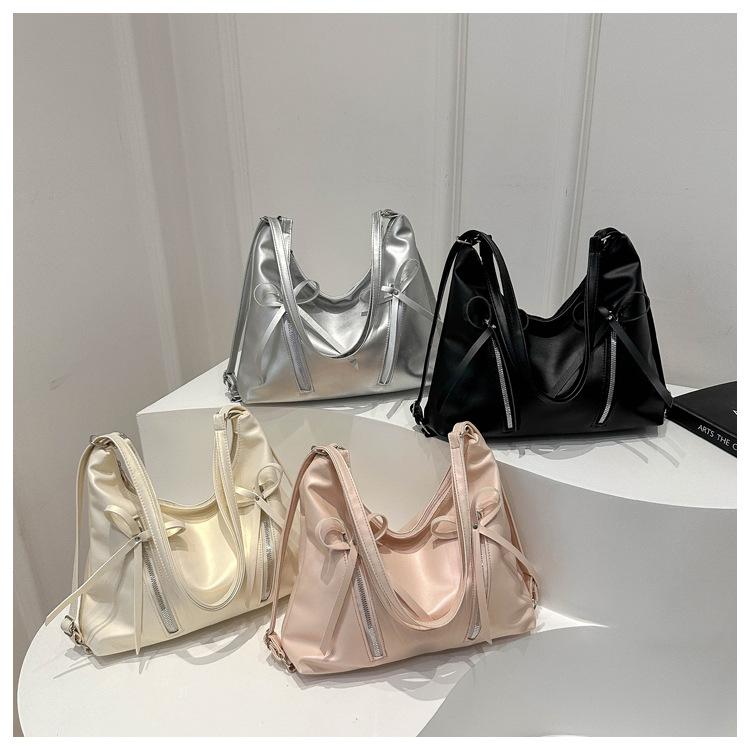 Korean Style Bowknot Faux Leather Bucket Bag for Women, Soft Single Shoulder Hobo Purse, Chic Casual Crossbody Handbag