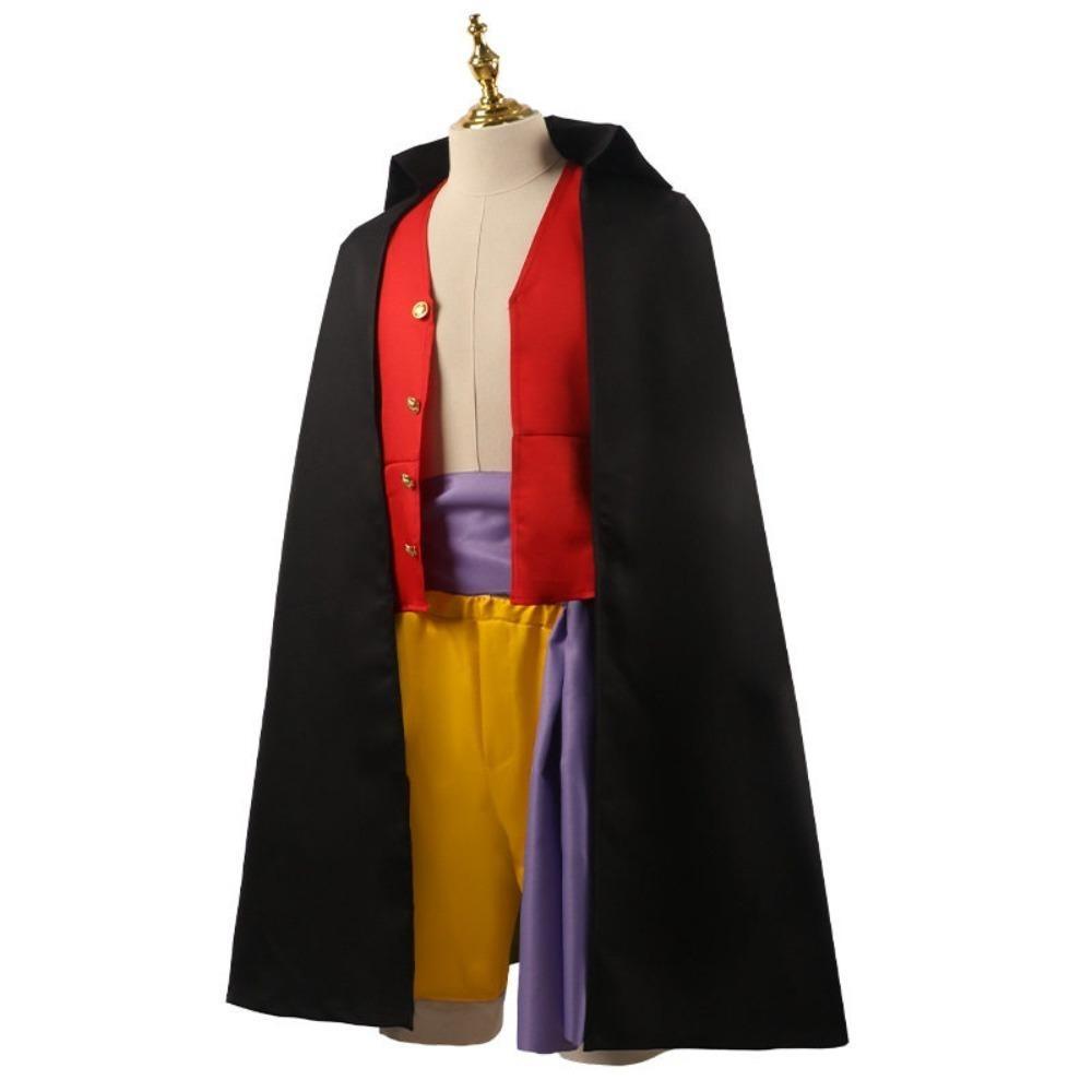 One Piece Onigashima Monkey D Luffy Cosplay Kostüm, Schwarzer Umhang Rote Weste Gelbe Hose mit Strohhut, Anime Halloween Rollenspiel Outfit für Erwachsene Kinder