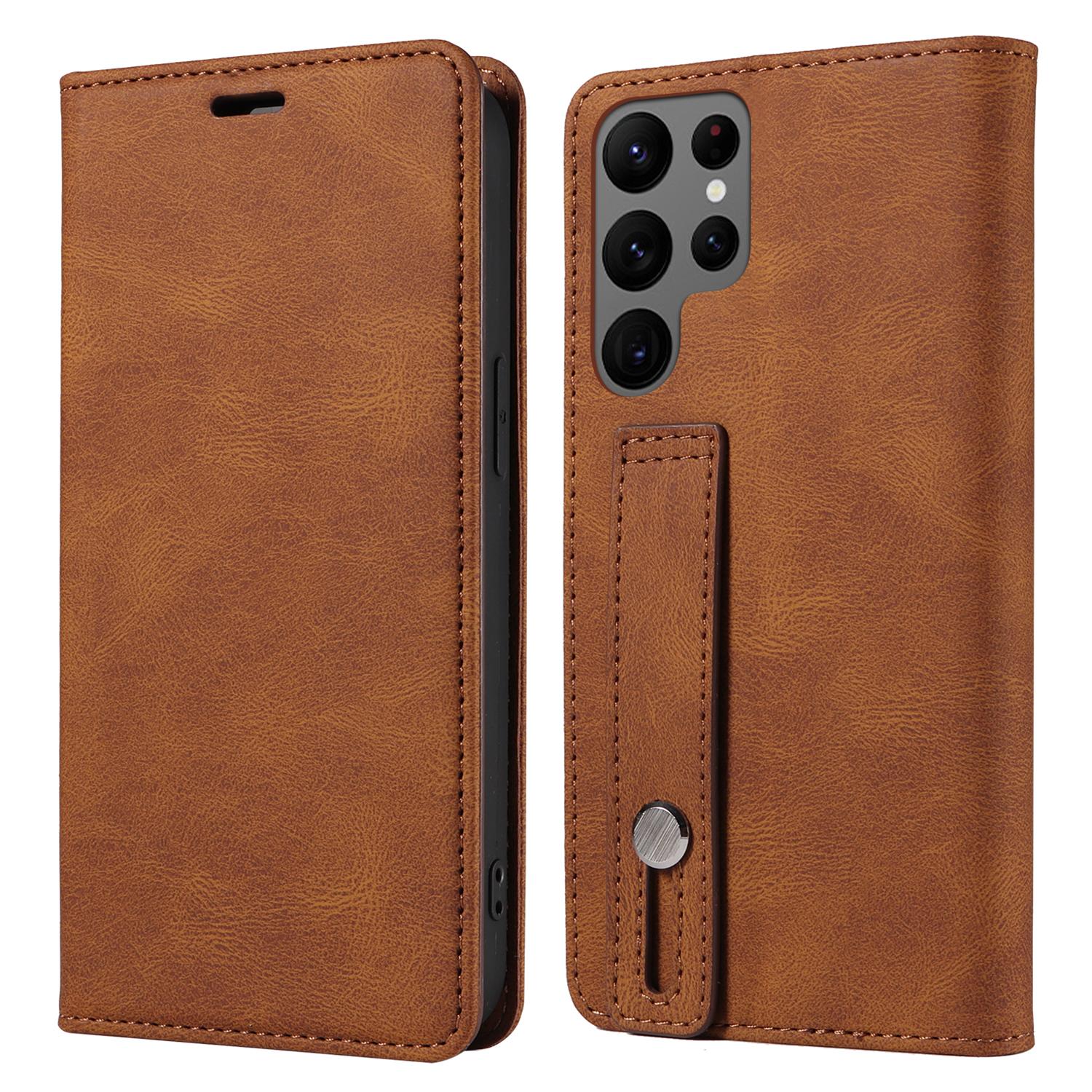 

Для Samsung Galaxy S24 Ultra кожаный чехол с браслетом и подставкой для телефона Brown