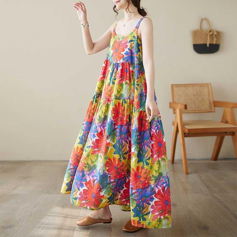 Cotton and Linen Printed Patchwork Long Skirt with Suspender and Large Cake Skirt for Women