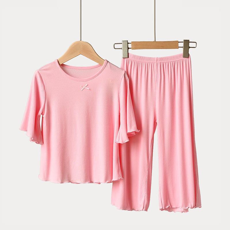 2025 Girls' Ice Silk Pajama Set: Thin Modal Summer Homewear for Small & Medium Children, Cute Style.