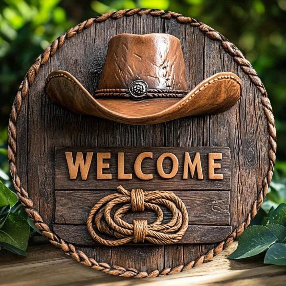Western Rustic Welcome Sign with Cowboy Hat Rope 8x8 Inch Wall Art for Home Bar Office Gift