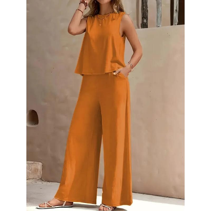 Women's Sleeveless Vest and Trousers Two Piece Set Fashion Solid Color Two Piece Round Neck Top Pants Suit Casual Set