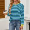 Kadın Altlık Gömlek Sonbahar ve Kış Yeni Moda Kontrast Renkli Bol Yuvarlak Yaka Çizgili Uzun Kollu Üst