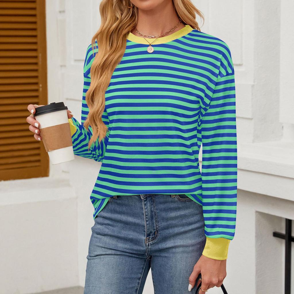 Kadın Altlık Gömlek Sonbahar ve Kış Yeni Moda Kontrast Renkli Bol Yuvarlak Yaka Çizgili Uzun Kollu Üst