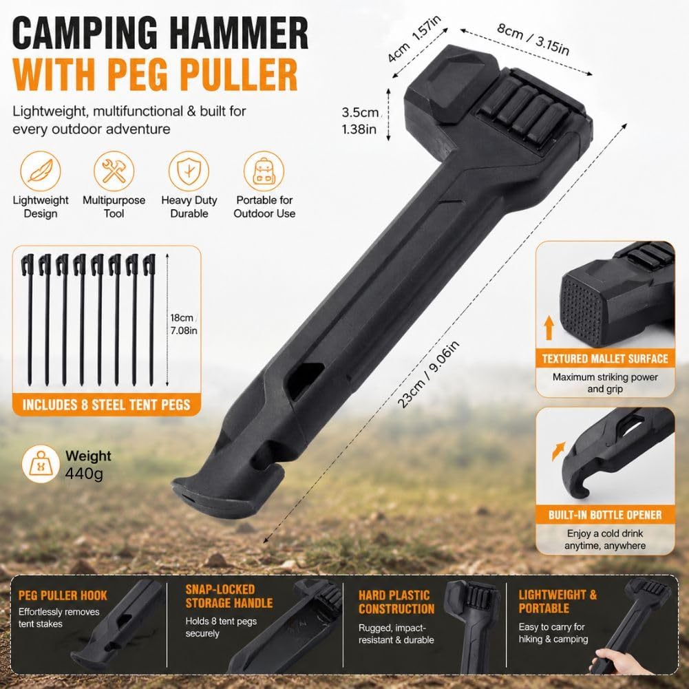 Multifunktionaler Campinghammer mit Heringzieher 8 Zeltheringe Integrierter Aufbewaltungsgriff & Flaschenöffner Robuster leichter Hammer für Wander-Tarp