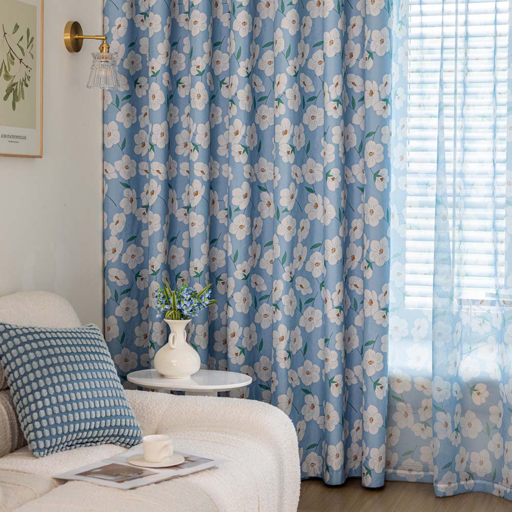 1PC Nuan Series Literary Pastoral Style Blue Flower Printed Curtain Full Blackout Curtains for Bedroom Living Room Balcony Window for Home Decor