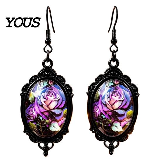 Gothic Earrings for Women 1 Pair Halloween Flower Earrings, Matte Black Oval Alloy Vintage Dangle Lightweight Stained Glass Rose Patterns Jewelry