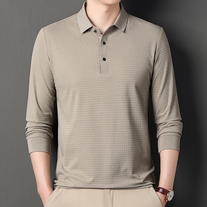 Dress Men'S Business Commuting Casual Jacquard Solid Color Lapel Long-Sleeved T-Shirt Straight Polo Shirt