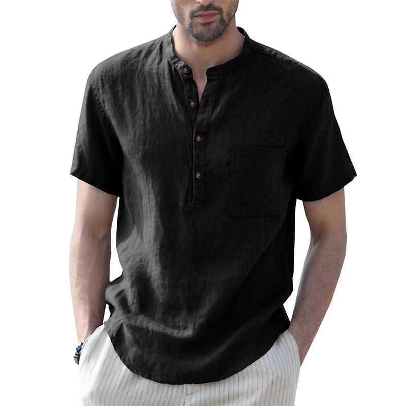 Men's Summer Cotton Linen Casual Pullover Short-Sleeve Shirt