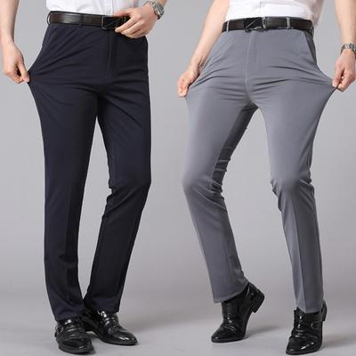 Men Suit Pants Slim Fit Straight Formal Business Style Pure Color Button Zipper Closure Stretchy Pockets Office Wear Meeting Long Trousers