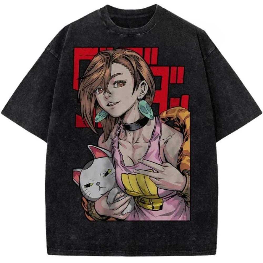 Dandadan Takakura Ken (Berserk Form) & Lucky Cat Vintage Washed Double-Sided Anime T-Shirt, Unisex Supernatural Manga Fan Streetwear Tee
