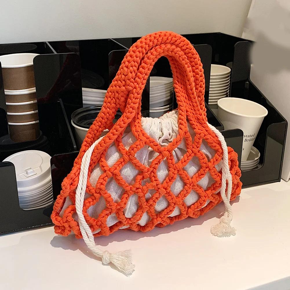 Cotton Thread Purse Handbag Fashion Knitting Mini Top-Handle Bag Personality Boho Tote Bag Woven for Women Girls Casual Summer