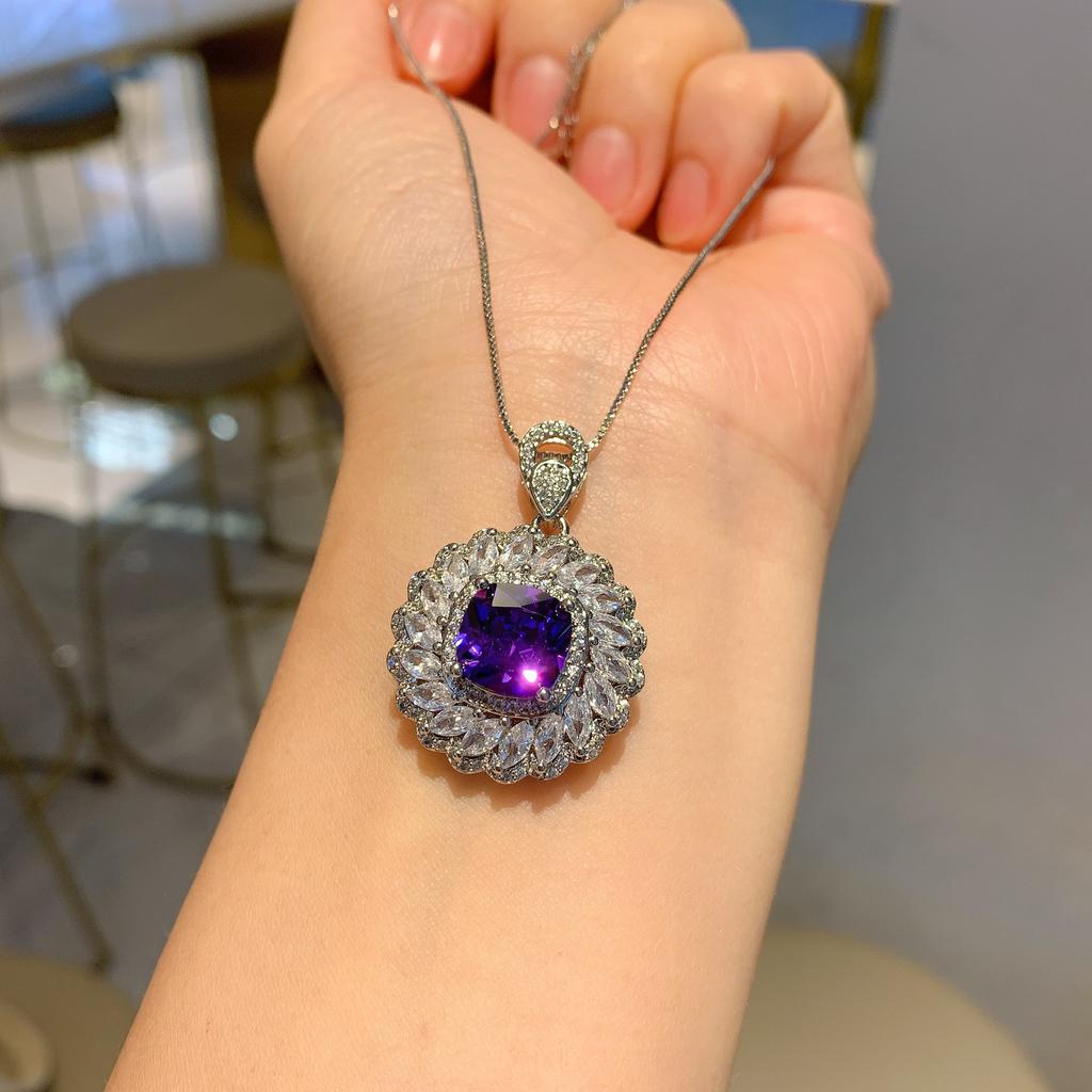 Jewelry Retro Imitation Pigeon Purple Blue Zirconium Square Luxury Inlaid Pendant Earrings Ring Jewelry Set