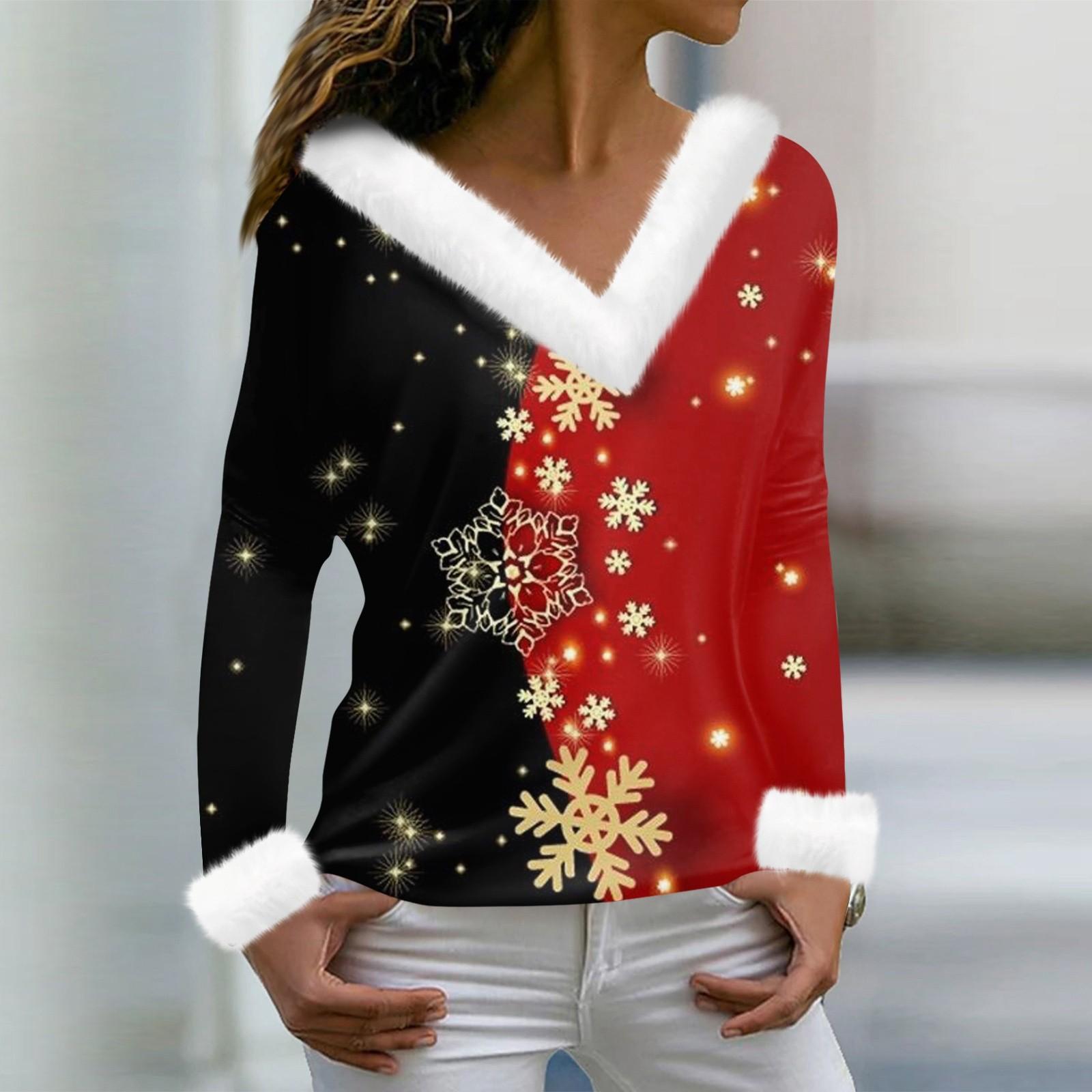 

Женская мода с длинным рукавом и рождественским принтом для вечеринки, плюшевый топ с v-образным вырезом S киноварь