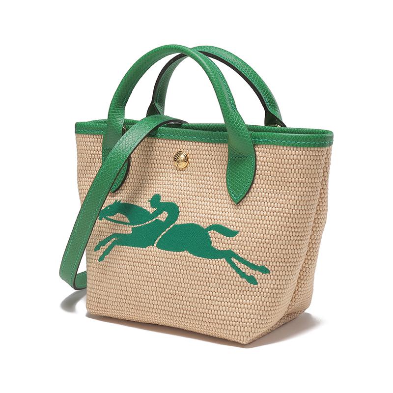 Longchamp Le Pliage Paris 15 Logo Brodé Bloc de Couleur Paille Mélange Lin Cuir Sac Bandoulière Dumpling Mini Sacs Femmes Kaki Vert 10162HYT129