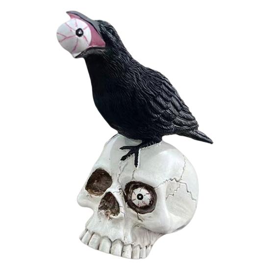 Yousheng Raven on Skull Halloween Home Decor, Gothic Crow on Skull Statue, Bird Perching on Skeleton Figurine, Macabre Ossuary