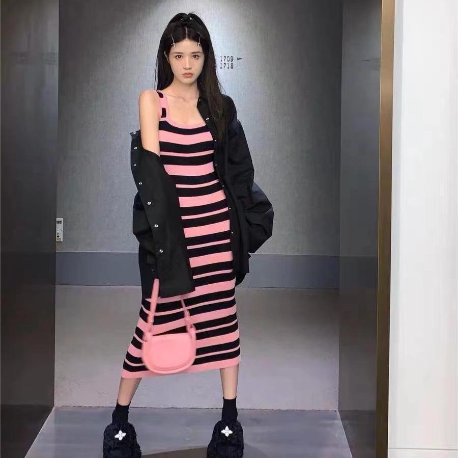 Women's Summer 2025 Striped Knit Bodycon Dress - Sweet, Cool & Sexy Mid-Length Camisole Style
