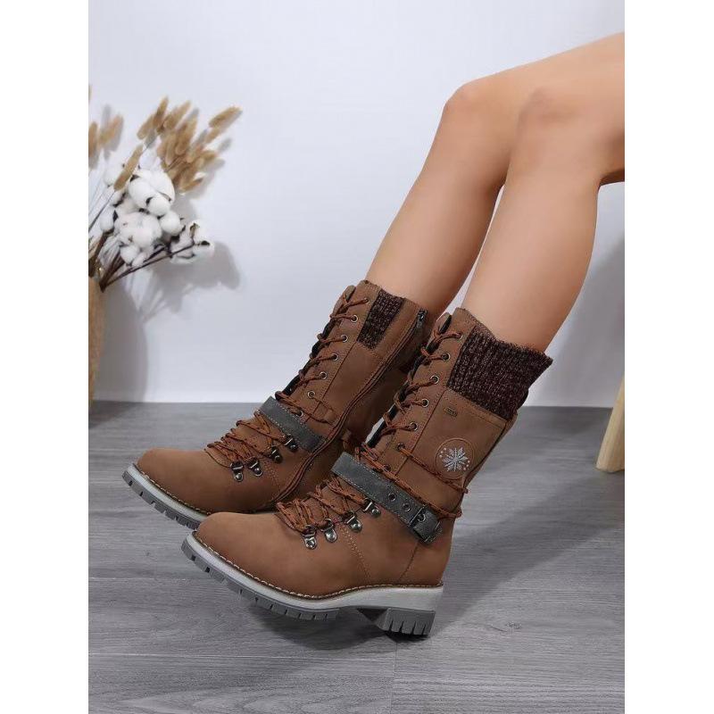 Winter new medium women's boots round head square heel leather buckle wool Martin boots large size snow boots
