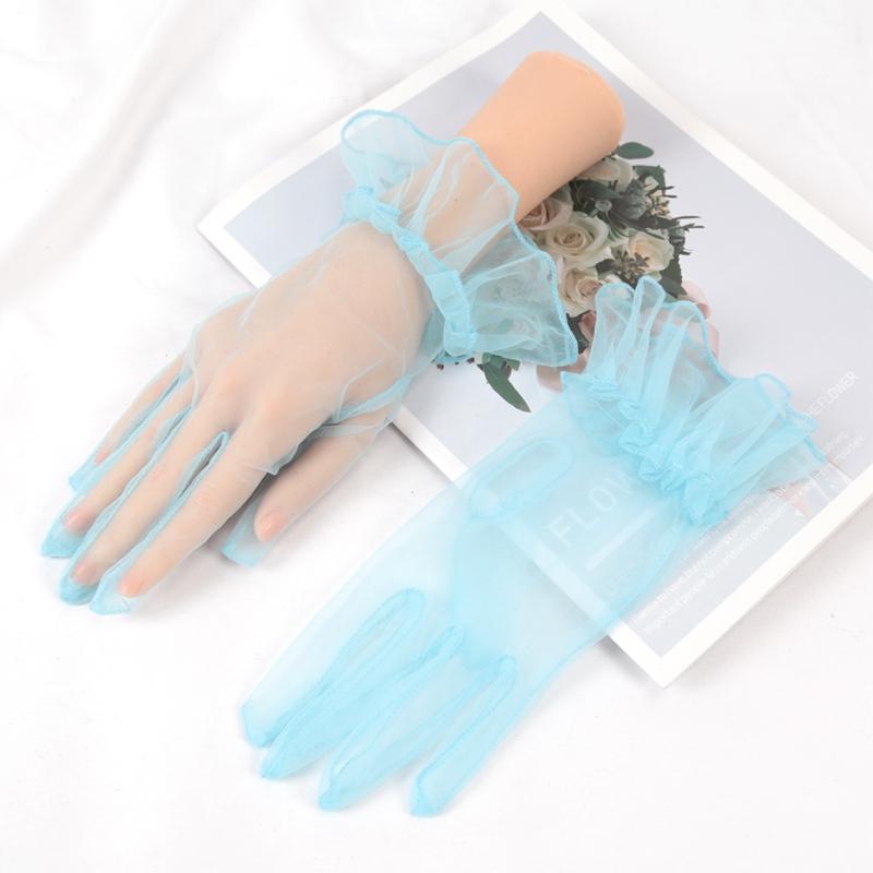 New Sexy Transparent Lace Black White Gloves Solid Color Fashion Women Drive Short Tulle Gloves Mesh Stretchy Wedding Mittens