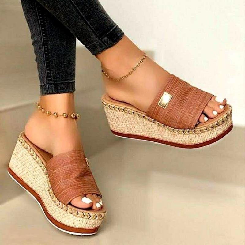 

New summer female fish mouth cloth cover feet fashion cool slippers heightened wedge heel women s shoes 43 коричневый