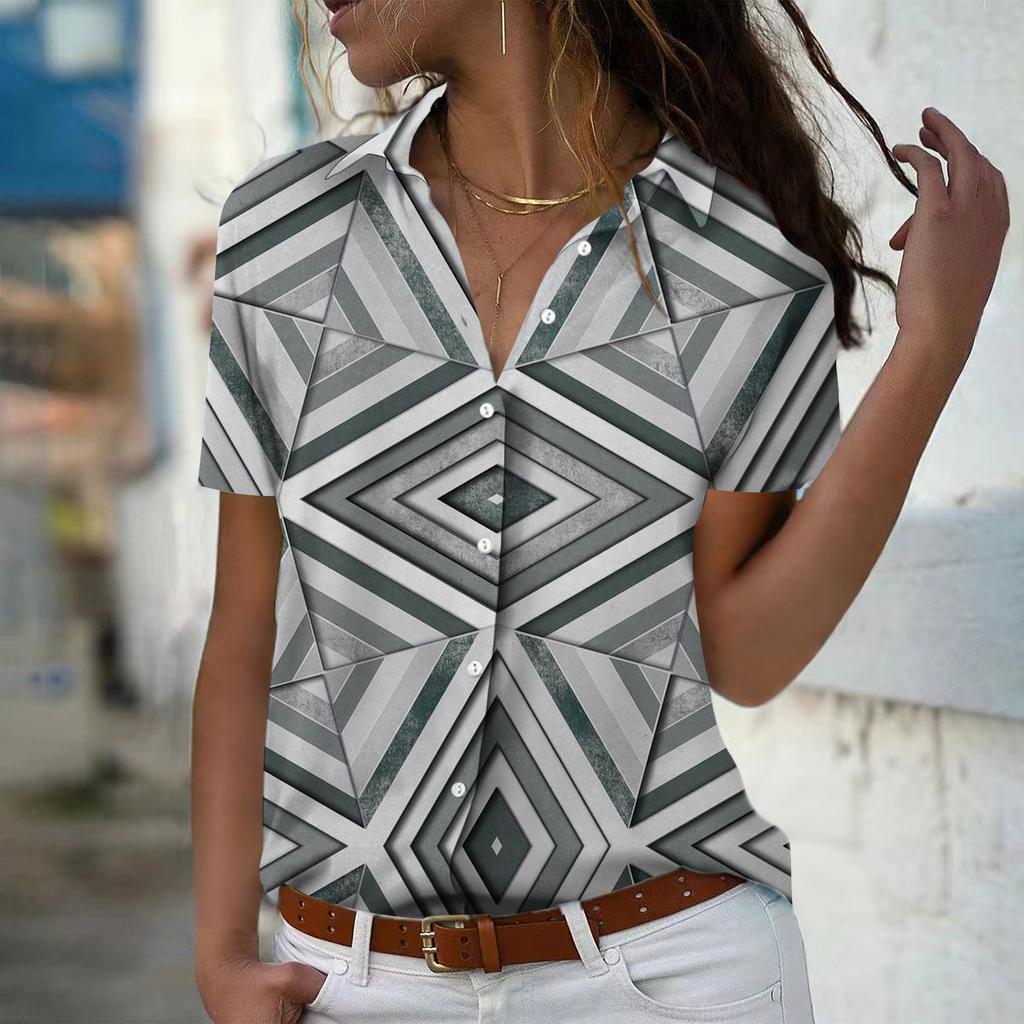 2025 Summer New Fashion Women's Geometry Printed Short Sleeve V-neck Casual Button-down Shirt Top